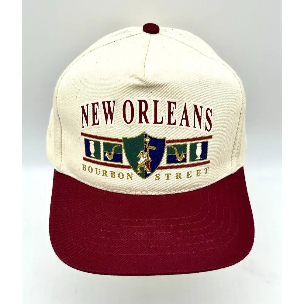 Vtg 90’s New Orleans Bourbon Street Burgundy Cream Snapback Trucker Hat NWOT